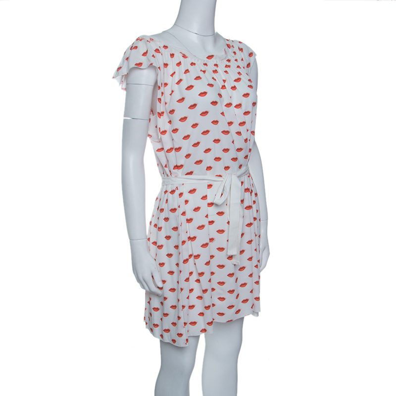 

Prada White and Red Lip Print Pleated Waist Tie Detail Dress