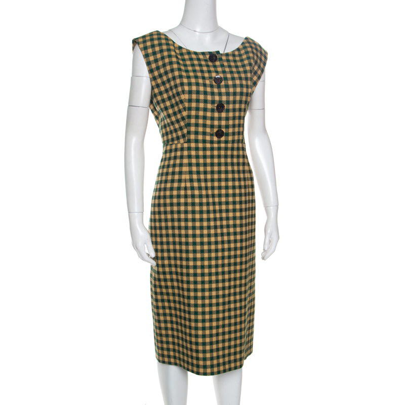 

Prada Yellow and Green Gingham Checked Wool Blend Sleeveless Dress, Multicolor