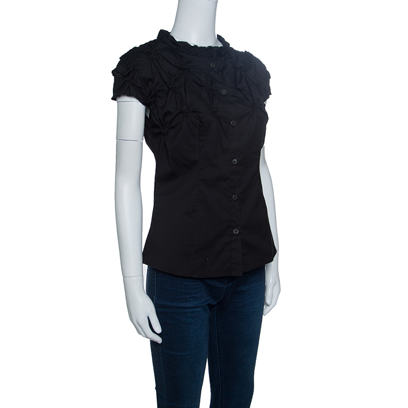 

Prada Black Smocked Cotton Cap Sleeve Button Front Top