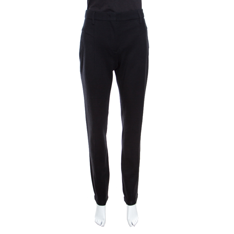 Prada Black Wool Leather Piping Detail Straight Trousers L