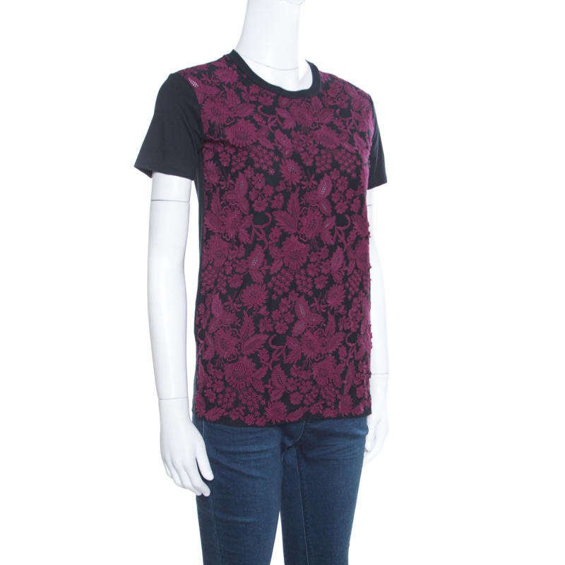 

Prada Black and Wine Floral Lace Applique Detail Cotton Crew Neck T Shirt