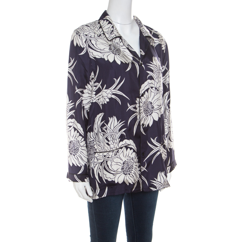 

Prada Navy Blue Tropical Floral Printed Silk Button Front Pyjama Shirt