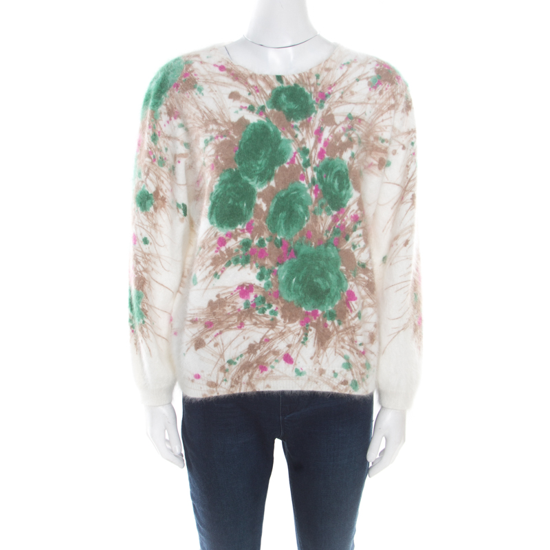 Prada Off White Floral Intarsia Pattern Fuzzy Angora Sweater M