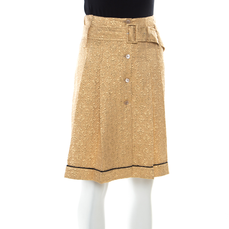 

Prada Gold Floral Embossed Jacquard Belted Pleated Midi Skirt