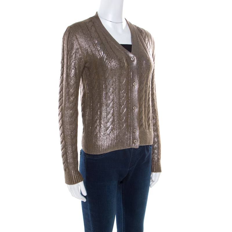 

Prada Brown Metallic Coated Cable Knit Wool and Cashmere Cardigan