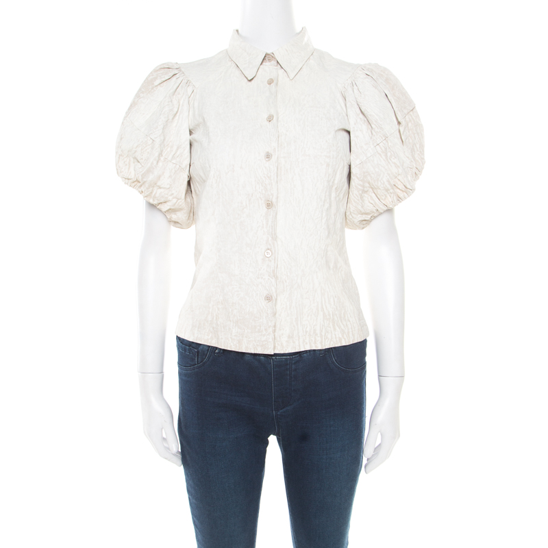 Pre Owned Prada Beige Coated Linen Puffed Sleeve Blouse S