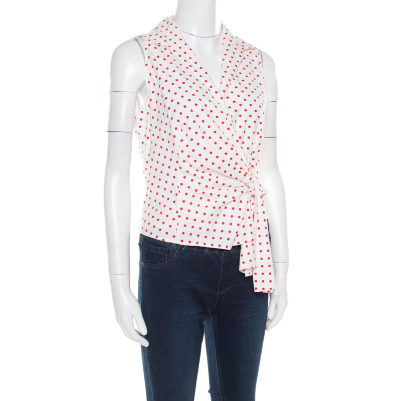 

Prada Off White and Red Polka Dot Cotton Stretch Sleeveless Wrap Vest