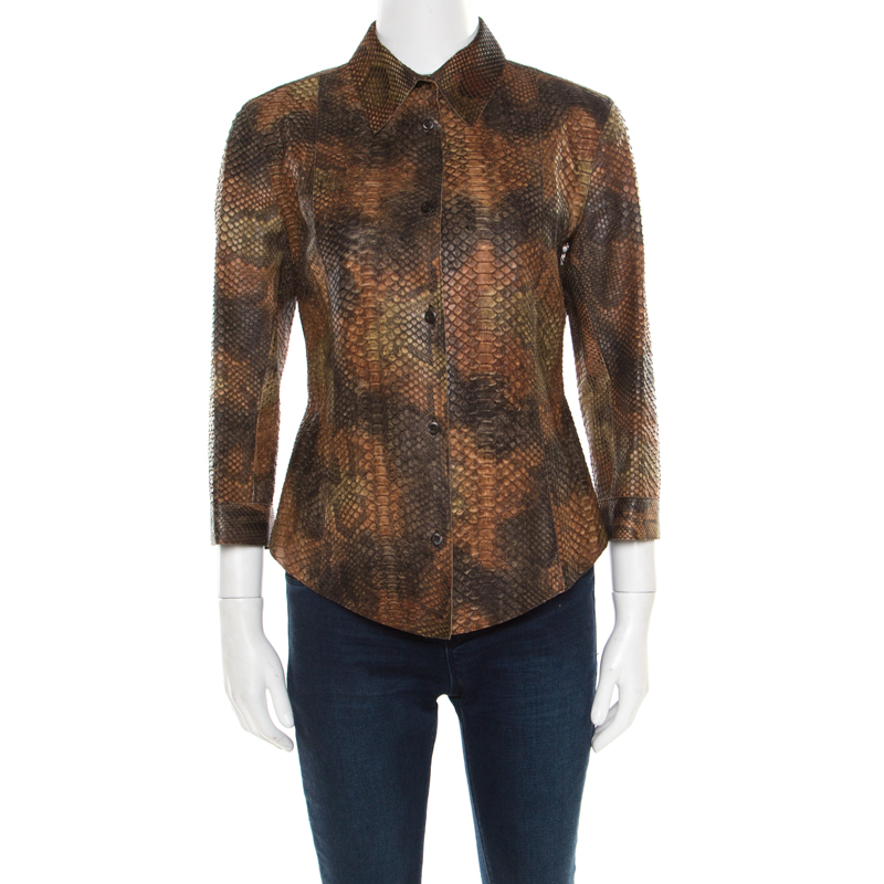 Prada Brown Python Leather Button Front Long Sleeve Shirt M