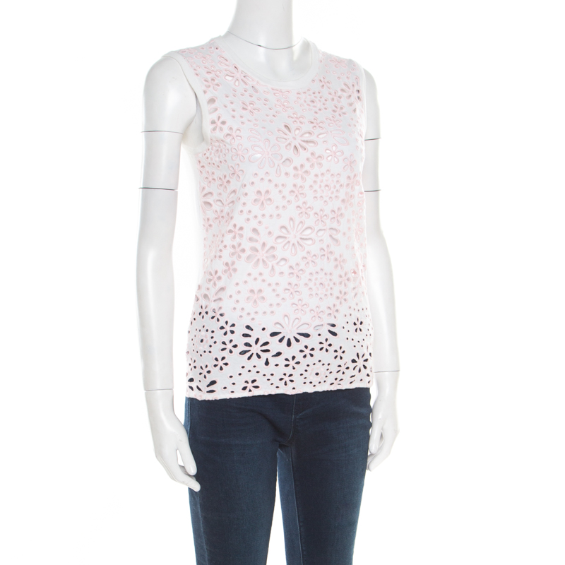 

Prada White and Pink Eyelet Floral Embroidered Sleeveless Top