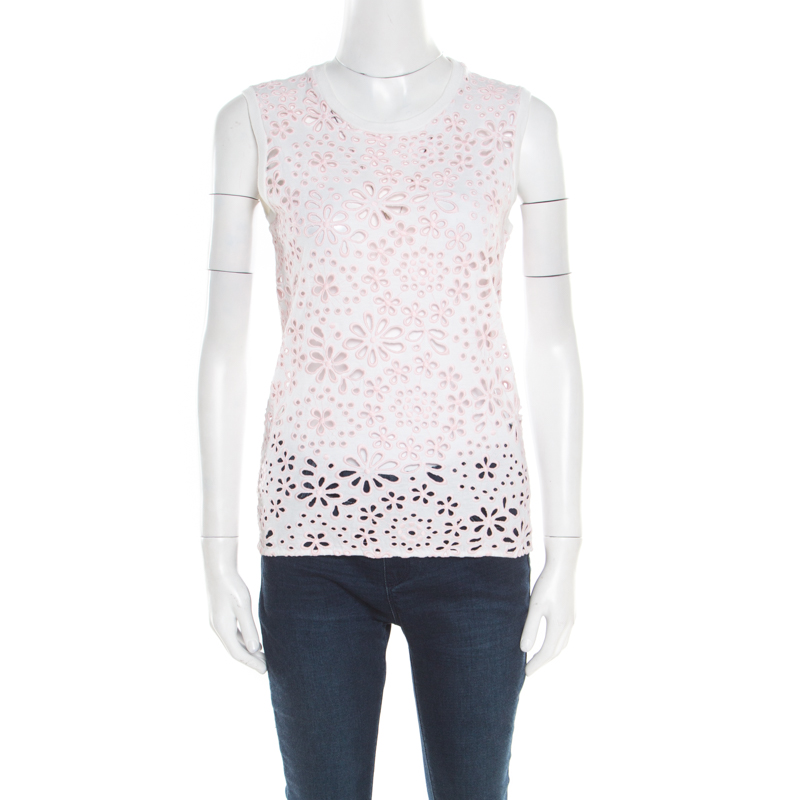 Prada White and Pink Eyelet Floral Embroidered Sleeveless Top S Prada | TLC