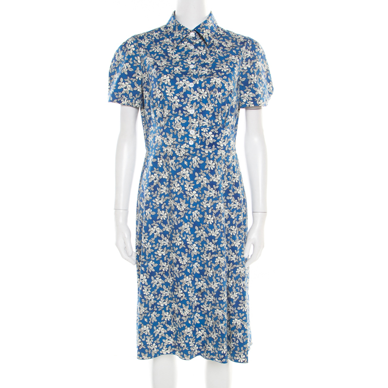 Prada Shaded Blue Floral Print Stretch Cotton Shirt Dress M