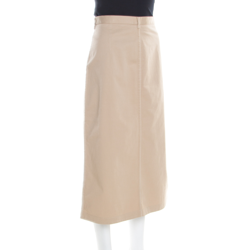 

Prada Beige Cotton Contrast Top Stitch Detail Midi Skirt