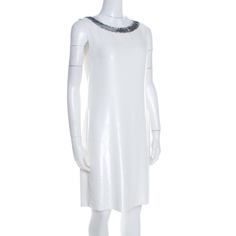 

Prada Off White Sequined Silk Sleeveless Shift Dress