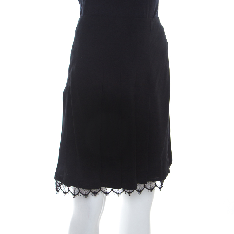 

Prada Black Crepe Knit Scalloped Lace Trim Pleated Skirt