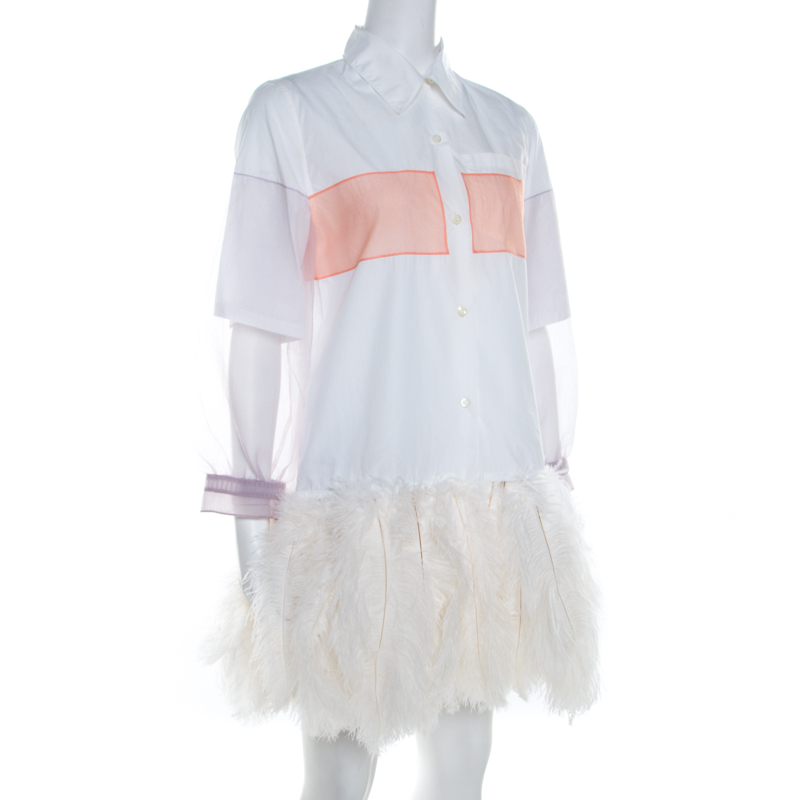 

Prada White Cotton Feather-Embellished Shirt Dress