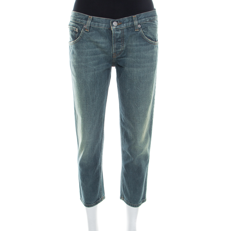 Pre Owned Prada Indigo Light Wash Denim Distressed Cropped Jeans M