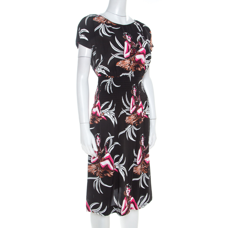 

Prada Black Hawaiian Girl Print Elasticized Waist Dress