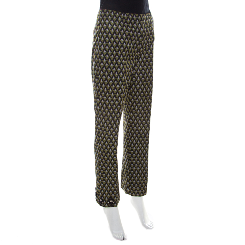 

Prada Green Geometric Pattern Silk Embellished Hem Detail Trousers