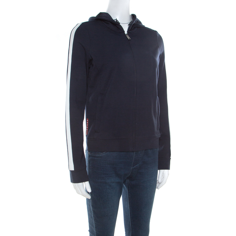 

Prada Navy Blue Cotton Knit Zip Front Hooded Jacket