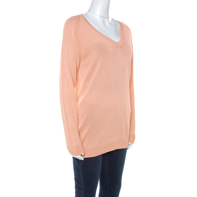 Pre-owned Prada Pastel Orange Knitted V-neck Loose Pullover S