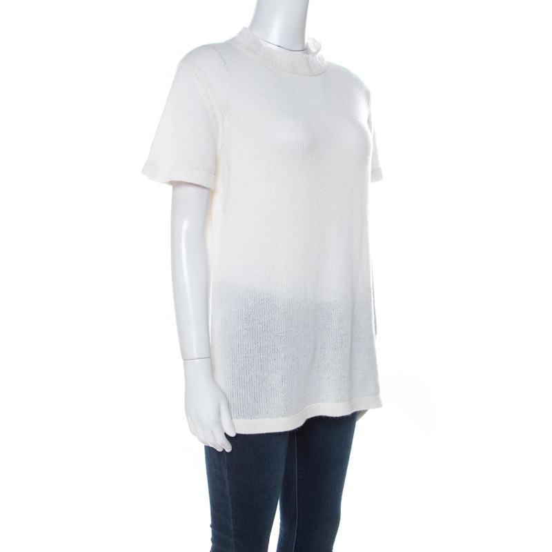 

Prada Off White Ribbed Cashmere Knit High Collar Sweater Top