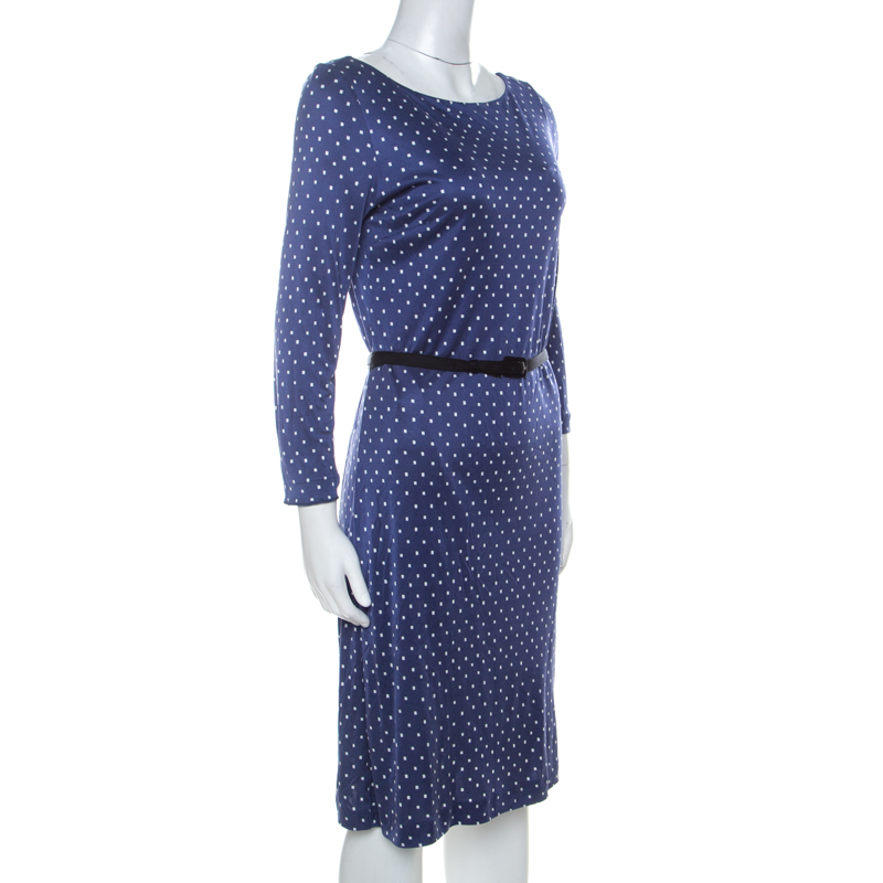 

Prada Blue and White Polka Square Printed Silk Jersey Belted Dress