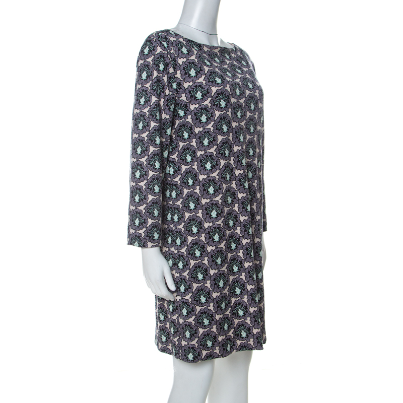

Prada Multicolor Floral Paisely Printed Silk Jersey Long Sleeve Shift Dress