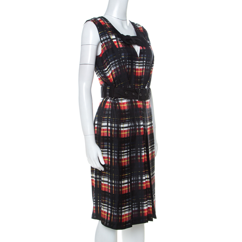 

Prada Black and Red Plaid Printed Silk Sleeveless Belted Dress