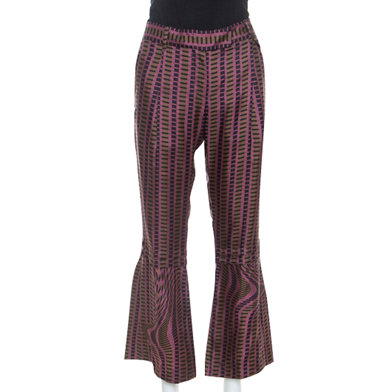 Pre Owned Prada Purple and Brown Printed Silk Flared Trousers M