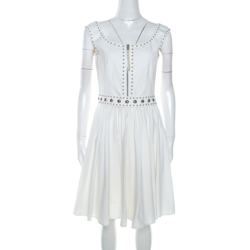 Pre Owned Prada Off White Crepe Stud Detail Sleeveless Dress M