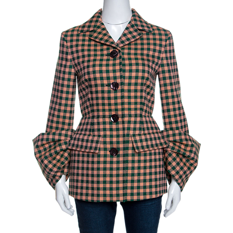 Pre-owned Prada Bicolor Checked Wool Exaggerated Sleeve Detail Blazer S In Green