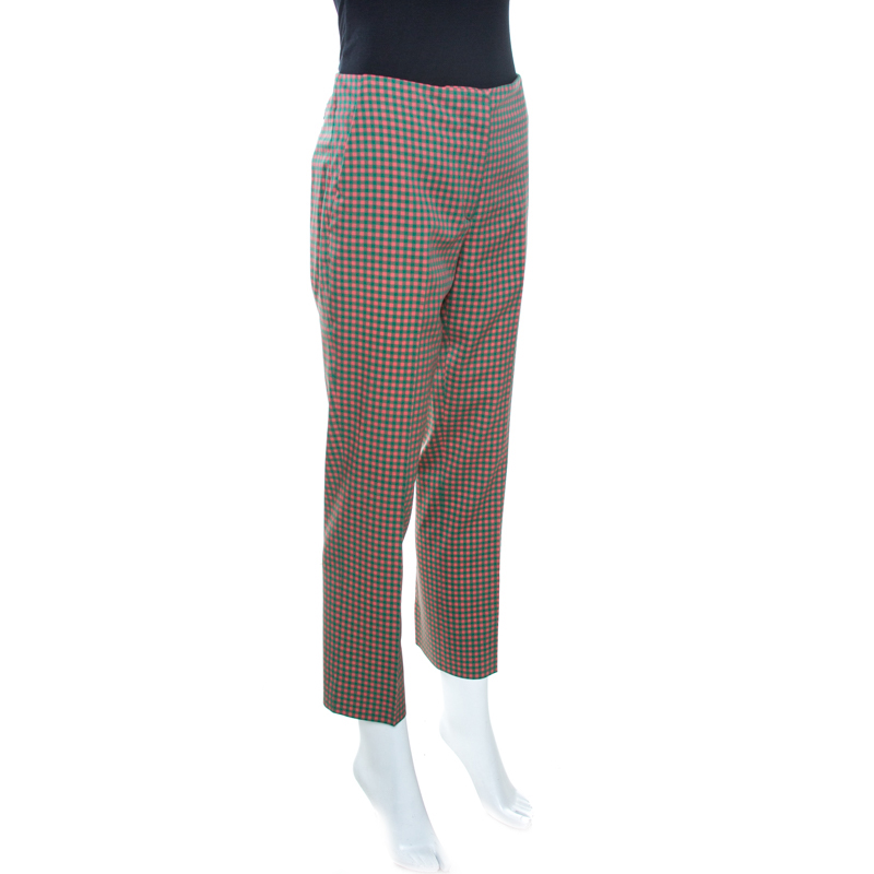 Pre-owned Prada Green And Peach Checkered Wool Blend Fitted Trousers M