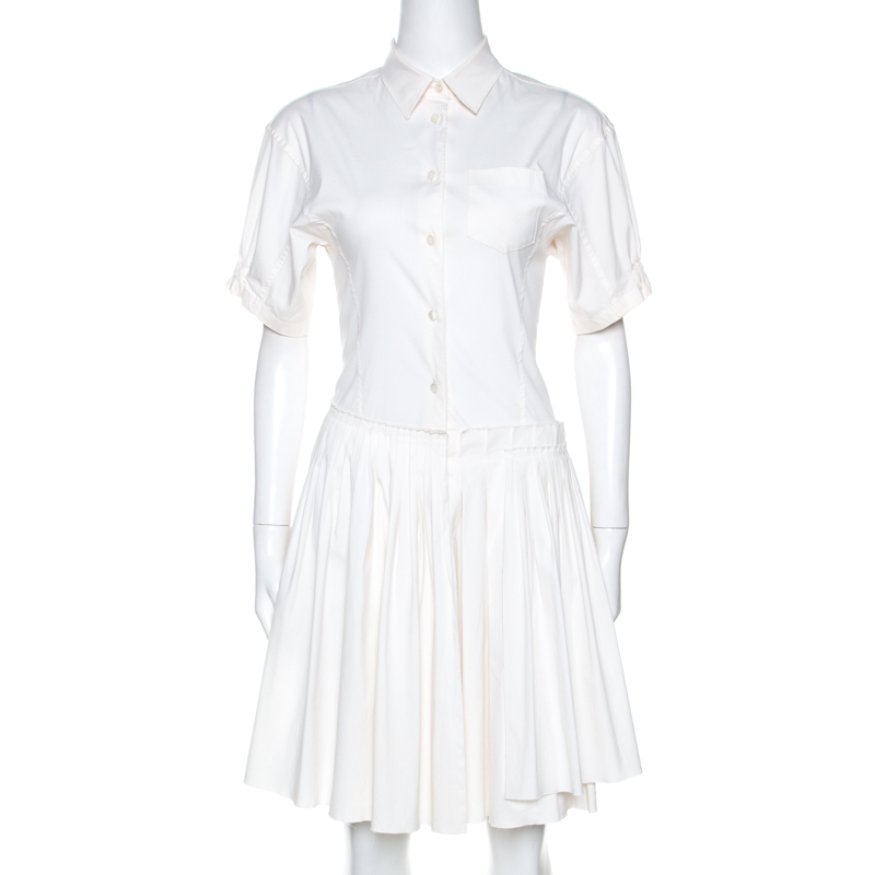 Pre Owned Prada Off White Stretch Cotton Pleated Shirt Dress S