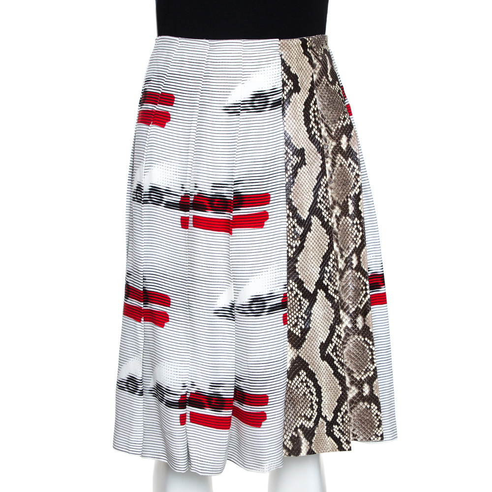 

Prada White Printed Crepe Python Skin Trim Pleated Skirt L