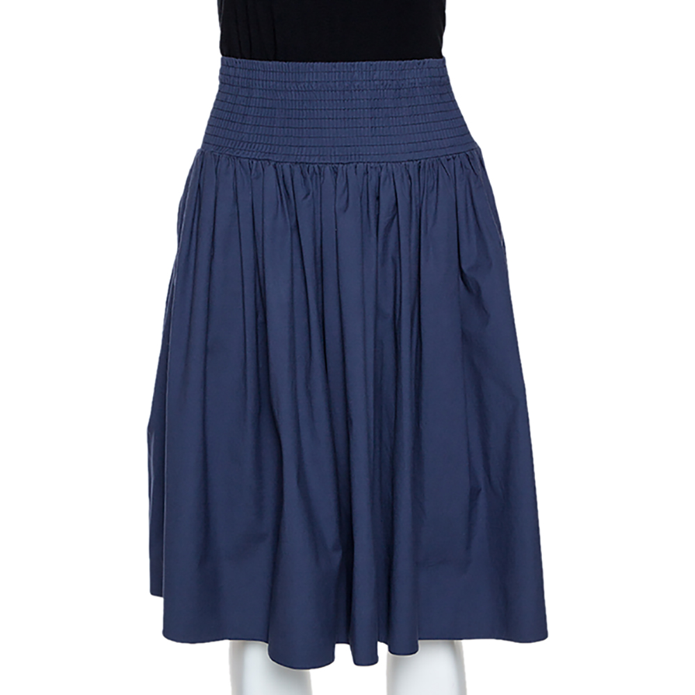 Pre Owned Prada Navy Blue Cotton Elasticized Waist Midi Skirt S
