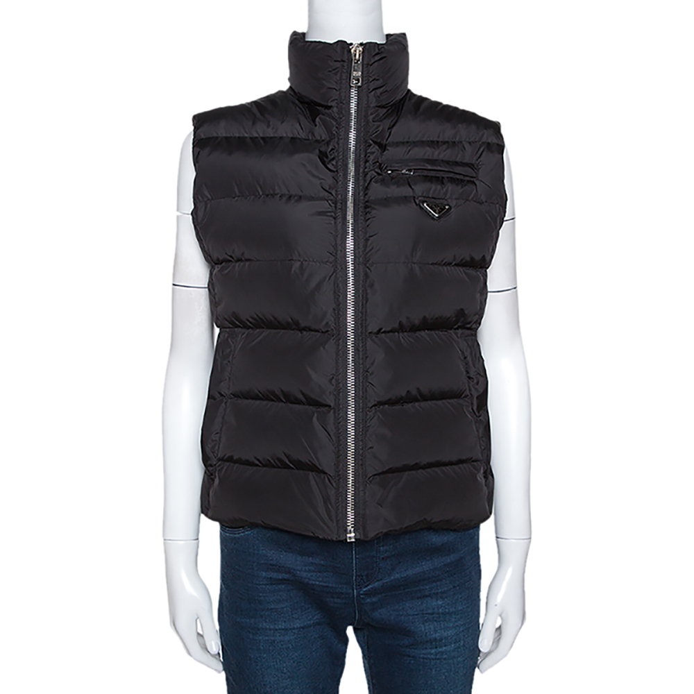 Pre-owned Prada Black Coated Nylon Zip Front Puffer Vest S