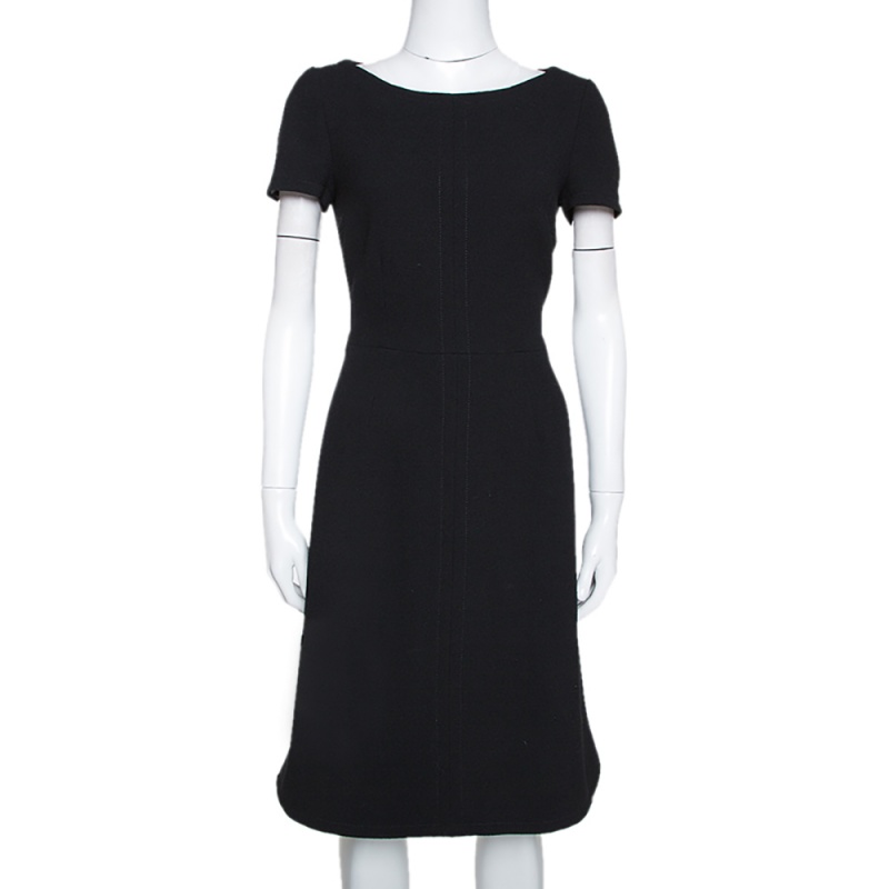 Prada Black Wool Crepe Short Sleeve Sheath Dress M