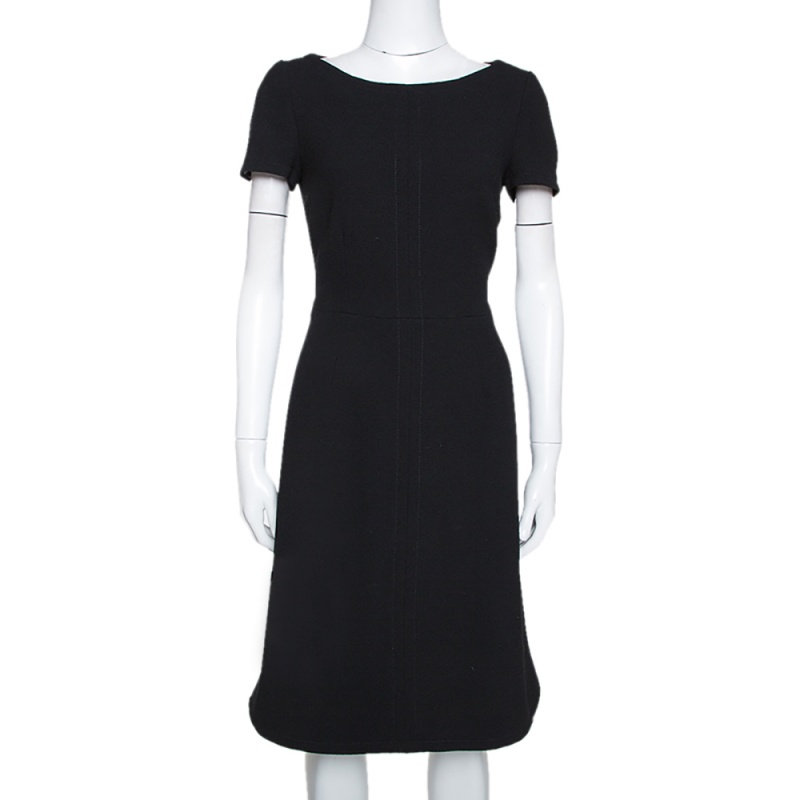 Pre Owned Prada Black Wool Crepe Short Sleeve Sheath Dress M