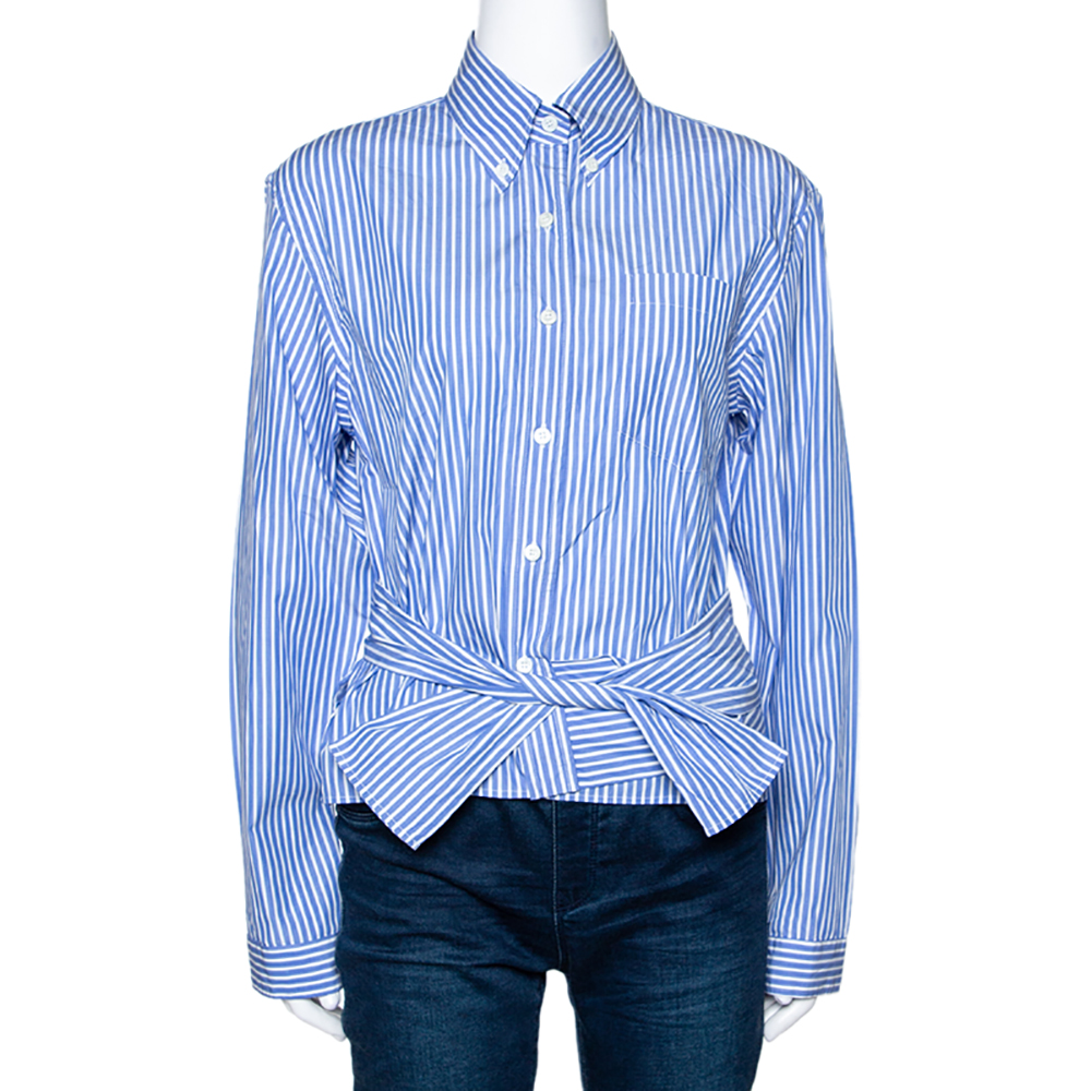 قميص برادا قطن أزرق مخطط ملتف بربطة مقاس صغير (سمول)