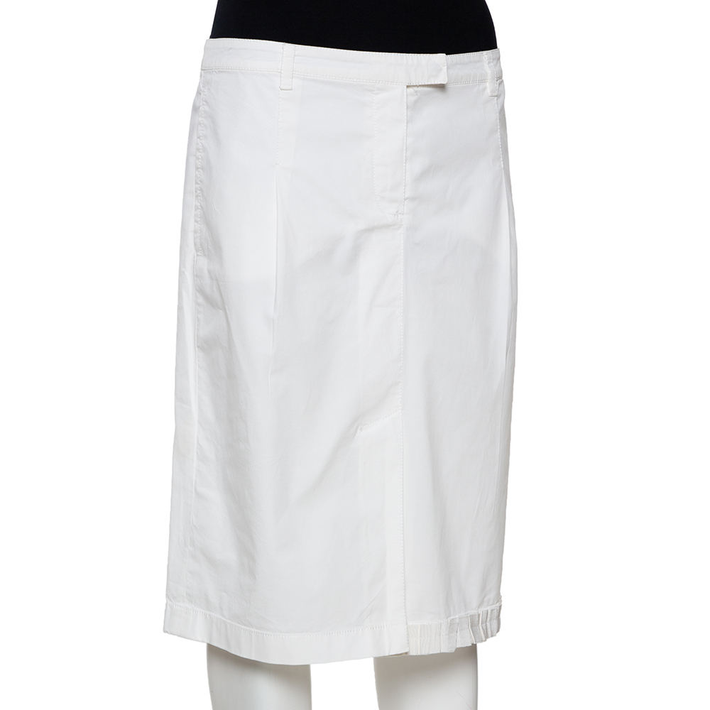 

Prada White Cotton Ruffled Hem Slit Front Fitted Skirt