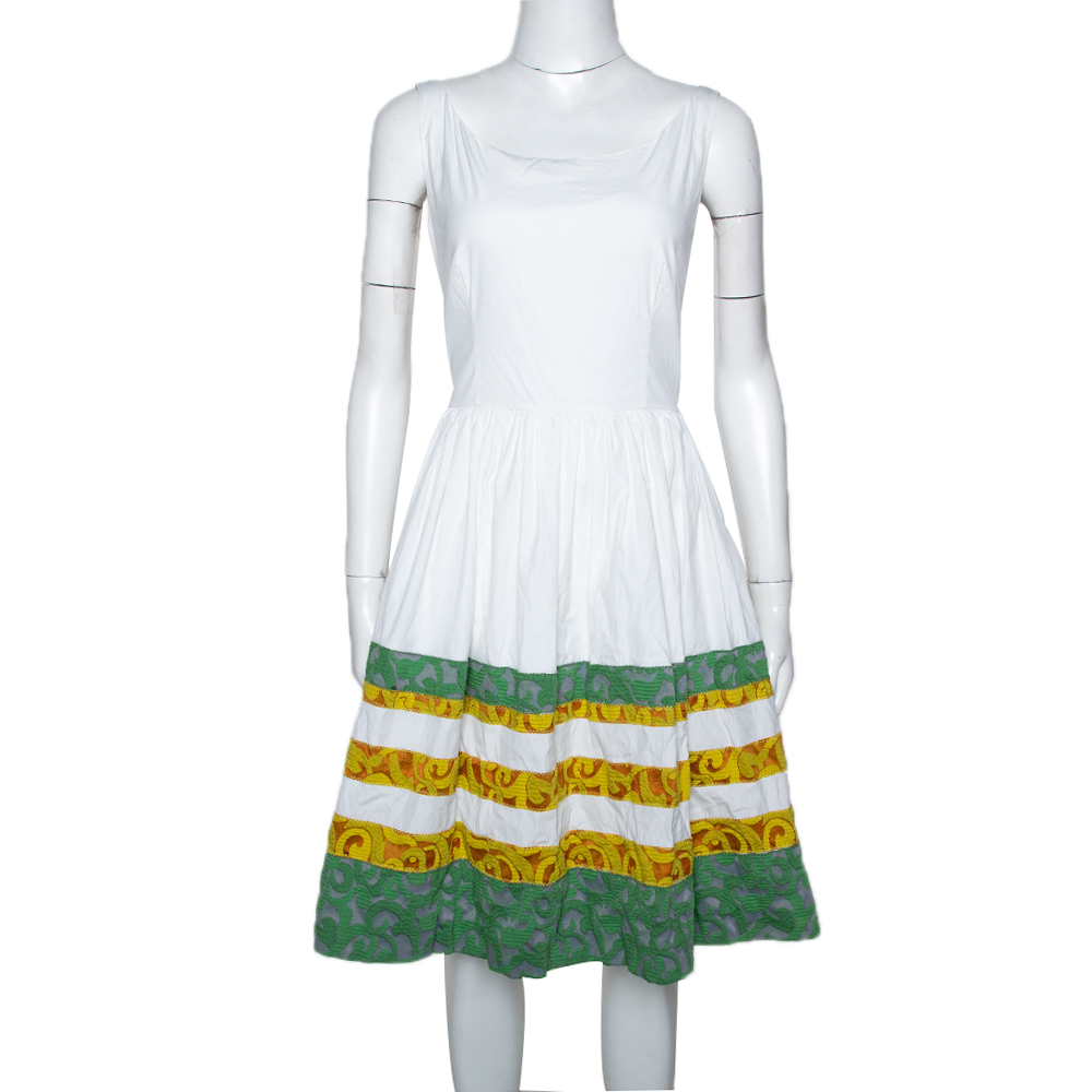 Pre Owned Prada White Cotton Striped Jacquard Trim Detail Flared Sleeveless Dress M 