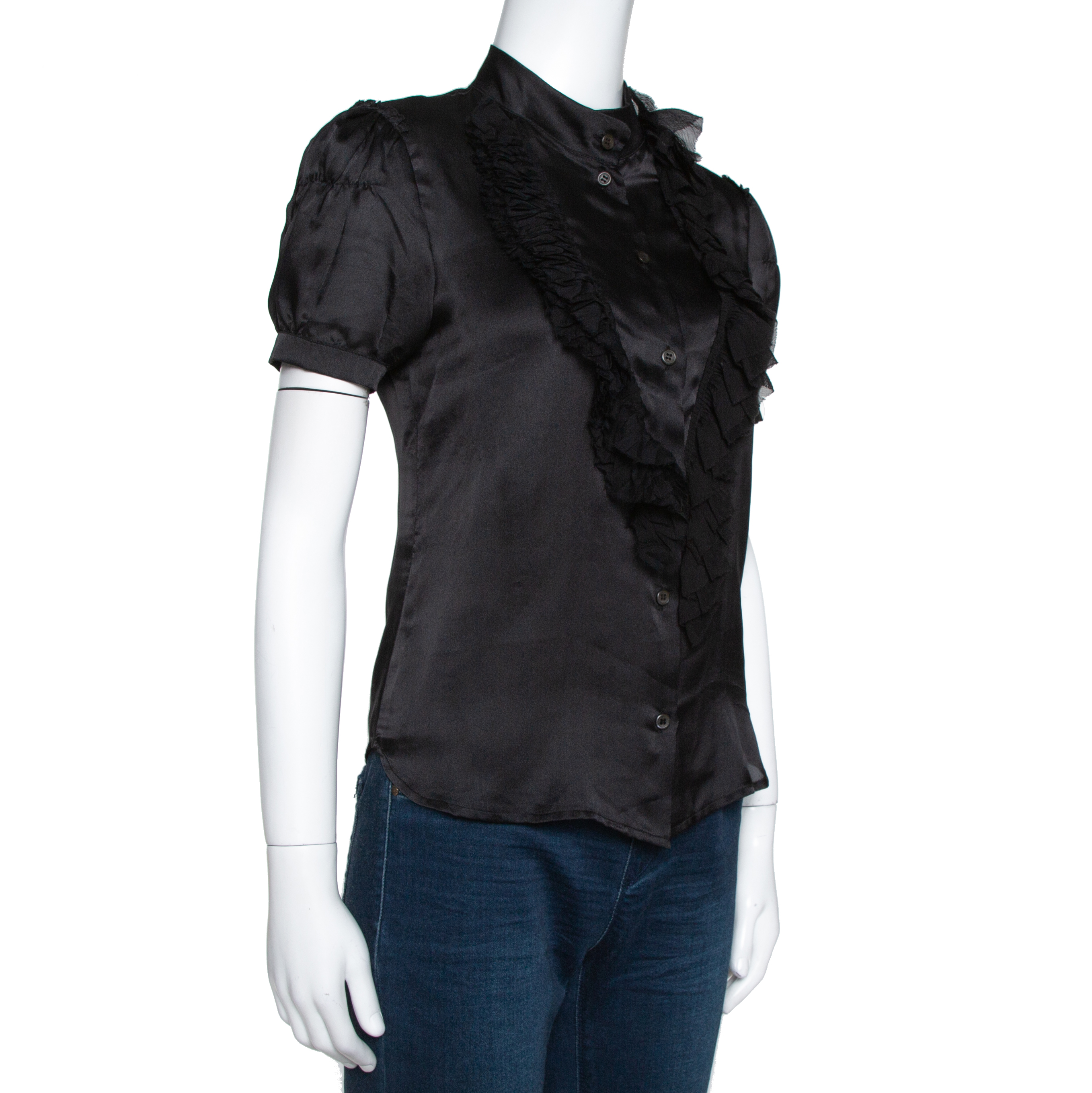 

Prada Black Silk Ruffle Trim Button Front Shirt