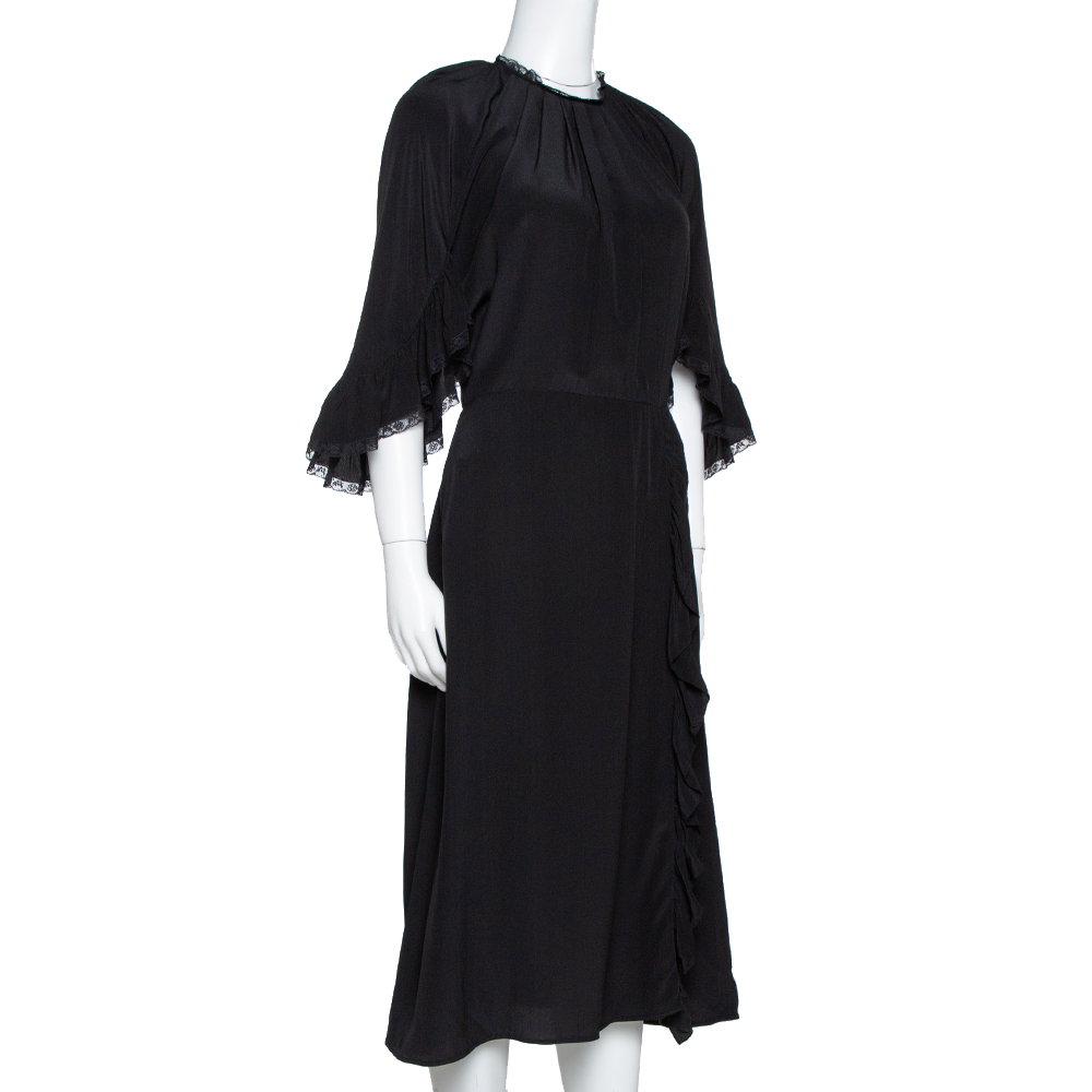 

Prada Black Silk Lace Trim Ruffled Midi Dress