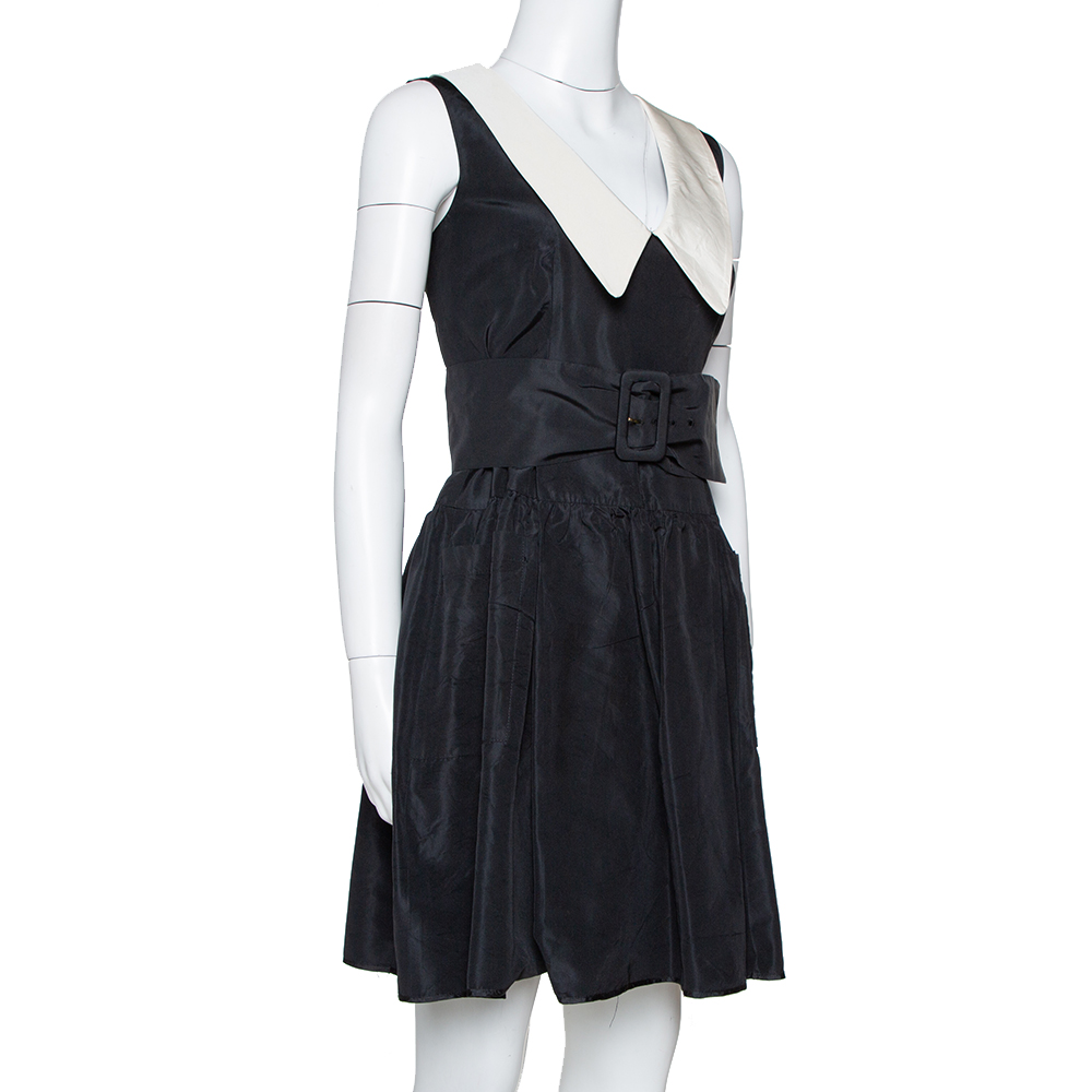 

Prada Black Silk Faille Belted Flared Dress