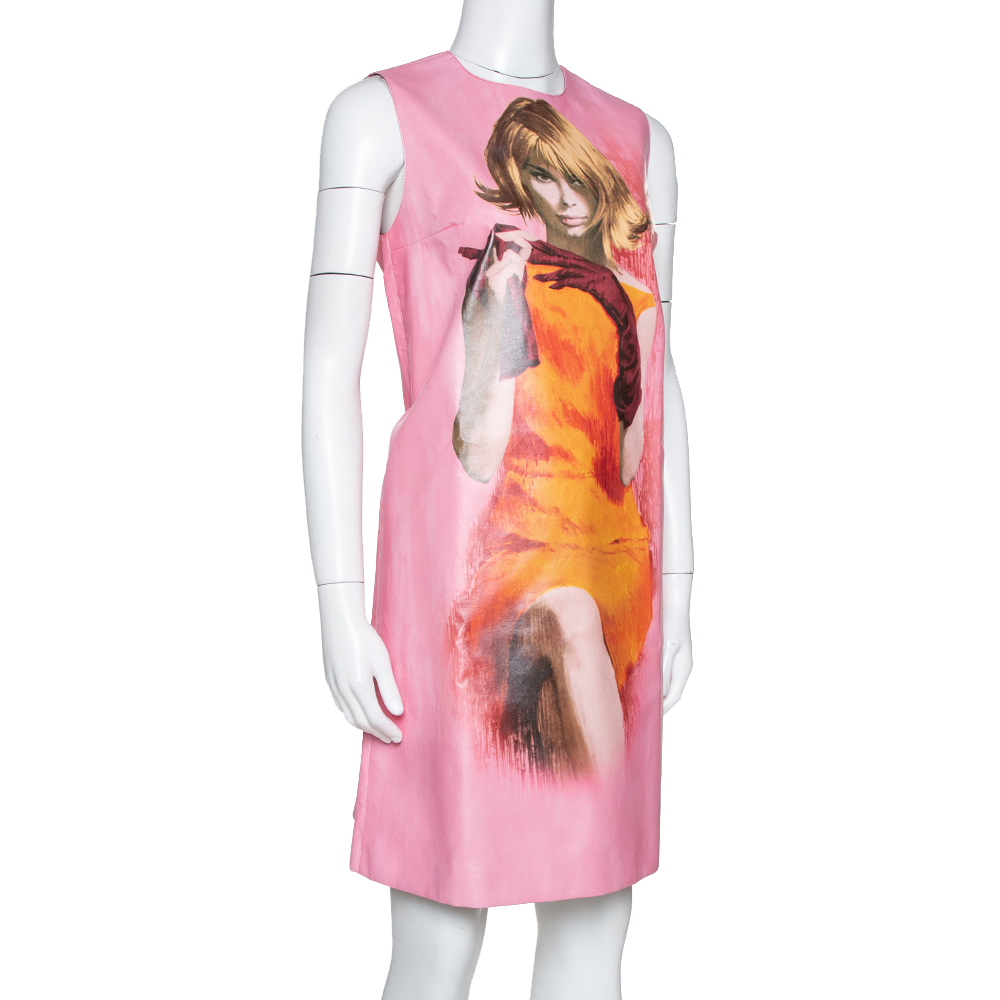 

Prada Pink Poster Girl Print Coated Cotton Sleeveless Dress