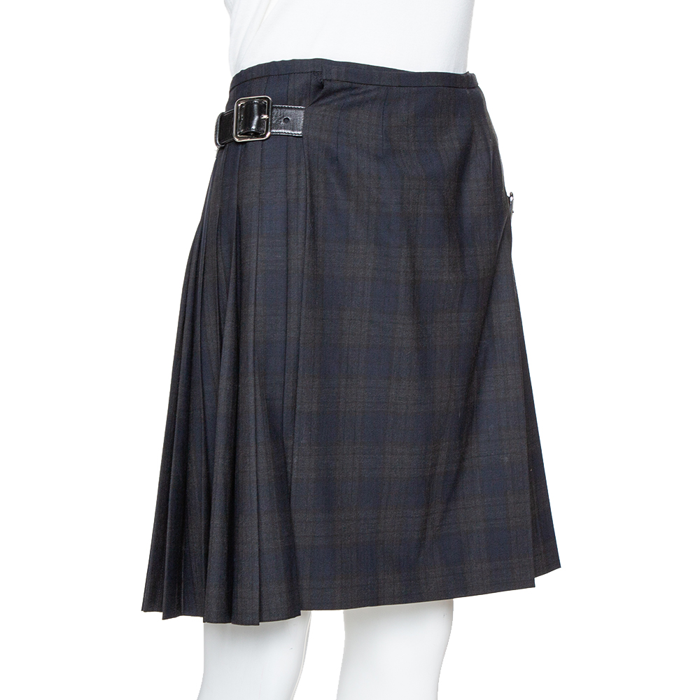 

Prada Black Plaid Wool Blend Buckled Wrap Skirt