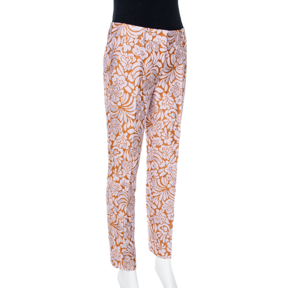 

Prada Bicolor Embossed Floral Jacquard Tapered Trousers, Orange
