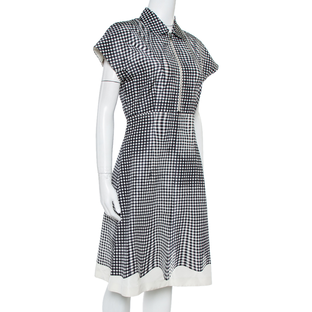 

Prada Monochrome Check Print Silk A-Line Dress, Black