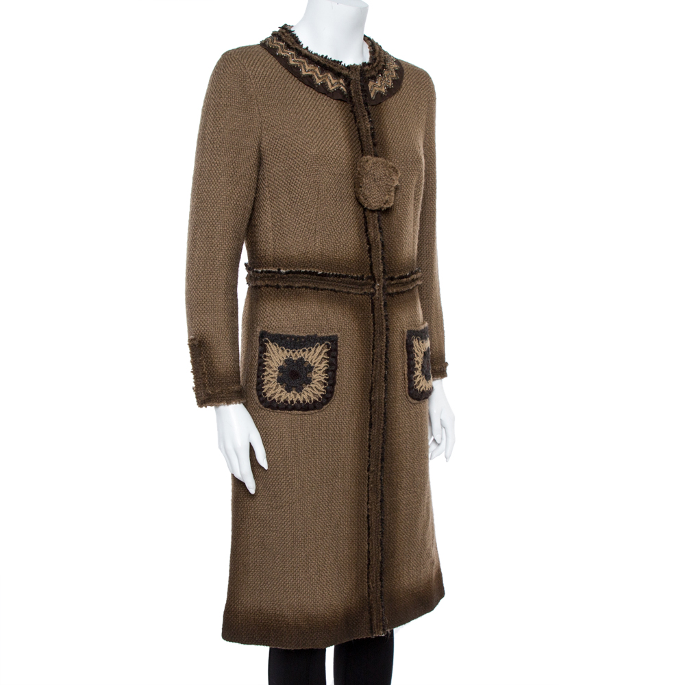 

Prada Brown Wool Tweed Embellished Long Coat