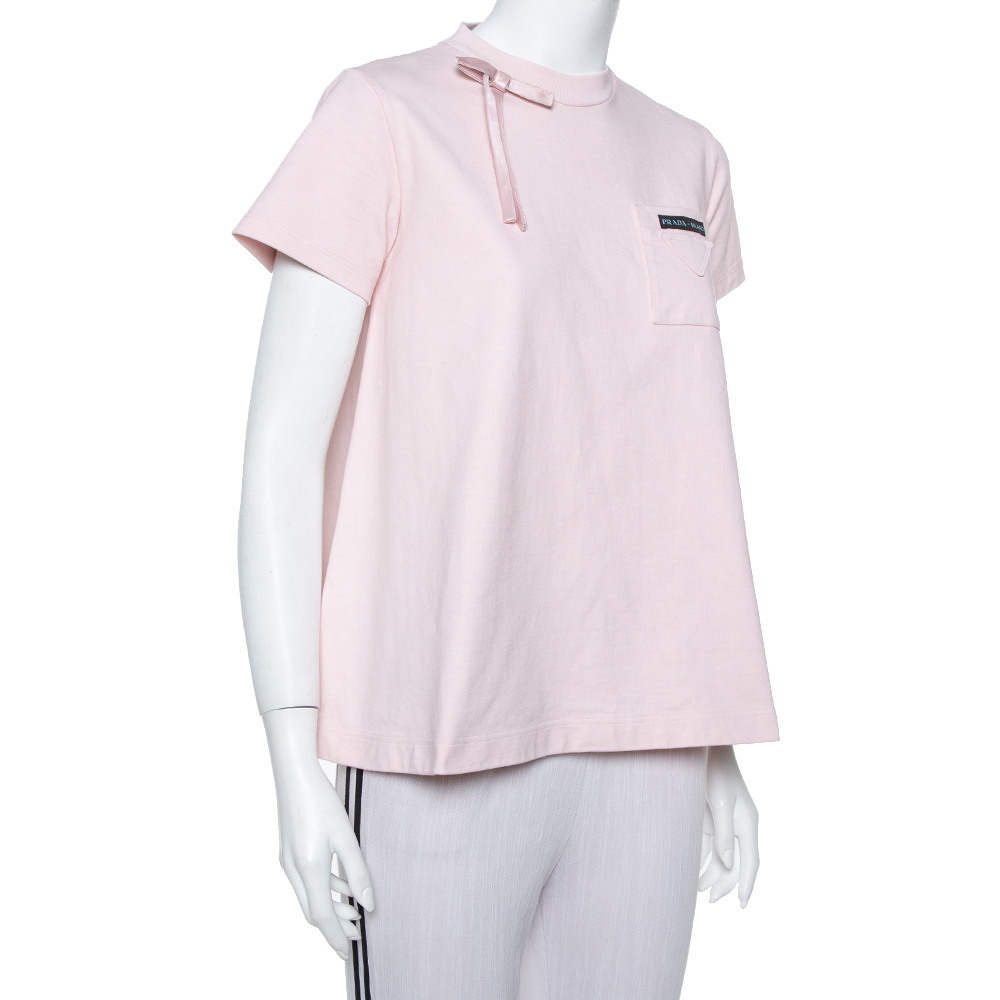 

Prada Light Pink Cotton Bow Detail Crewneck T Shirt